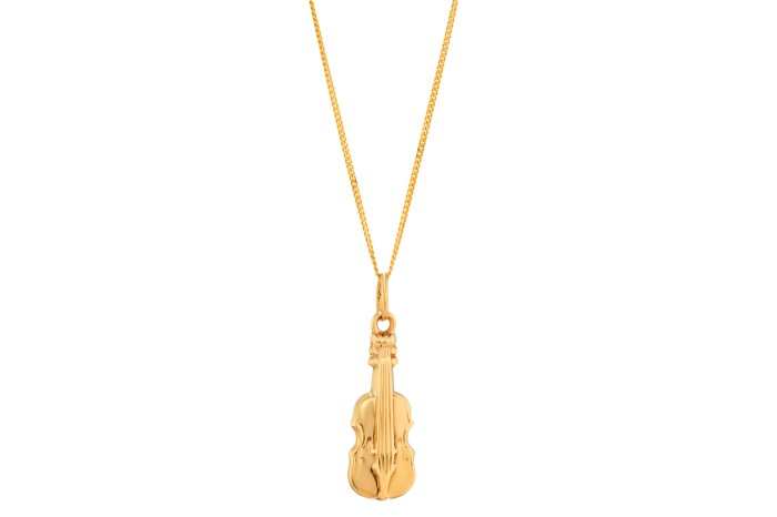 Vintage gold violin pendant necklace, £85, vbylauravann.com