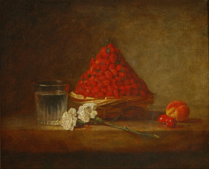 A pyramid of bright-red strawberries sits in a basket placed behind two white flowers, some cherries and a peach in a painted still-life scene 