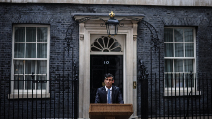 Britain’s Prime Minister Rishi Sunak delivers a speech to announce July 4  as the date of the UK’s next general election