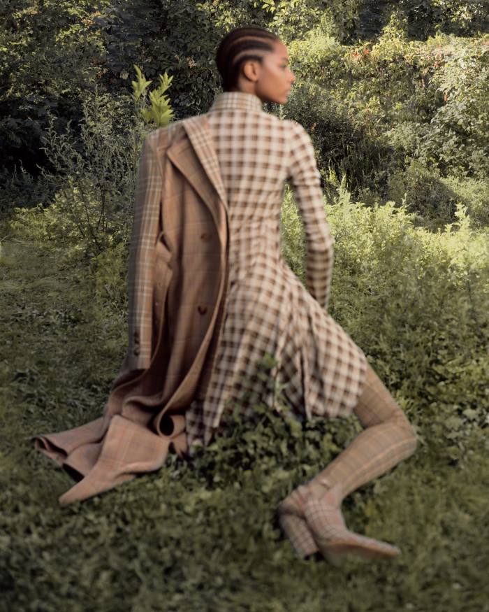 Burberry technical cotton and wool Honey coat, £3,290, stretch‑jersey Olive dress, £1,590, stretch-jersey Honey jodhpurs, £750, and leather mules, POA