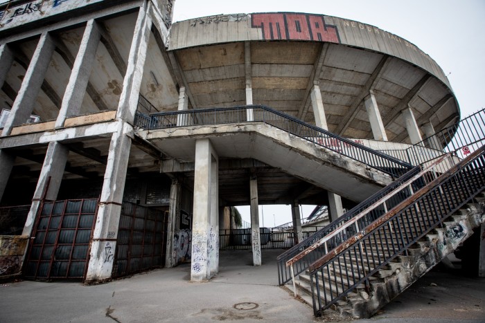 Abandoned entrance to Strahov stadium old tribunes in Prague, Czech Republic