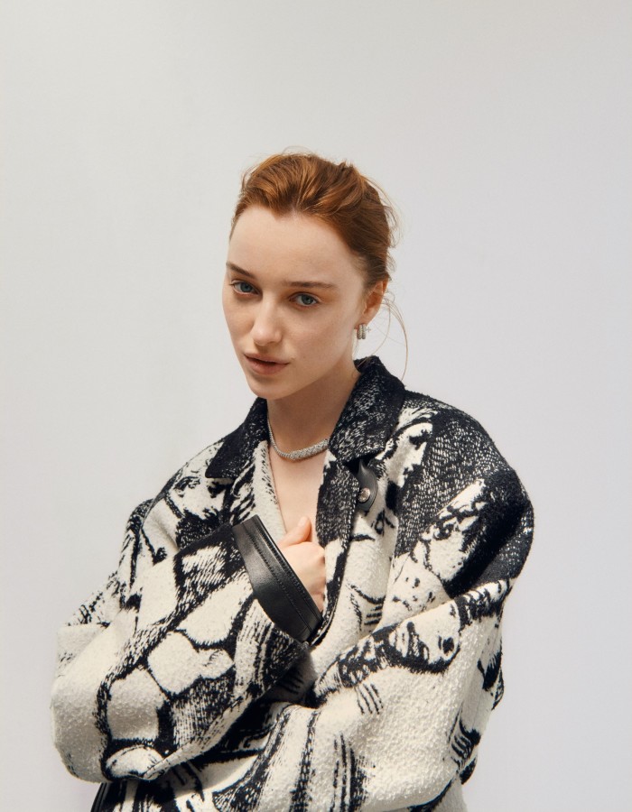 Louis Vuitton cotton/viscose coat, €4,800, and white-gold and diamond L’Elan Vital necklace and earrings