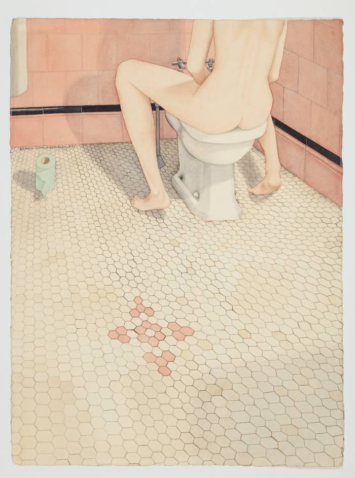 Painting of a woman sitting on a toilet facing the wall and seen from below the shoulder with a toilet roll on the tiled floor