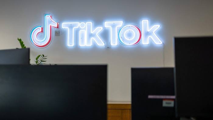 The logo of TikTok at the TikTok UK office in London