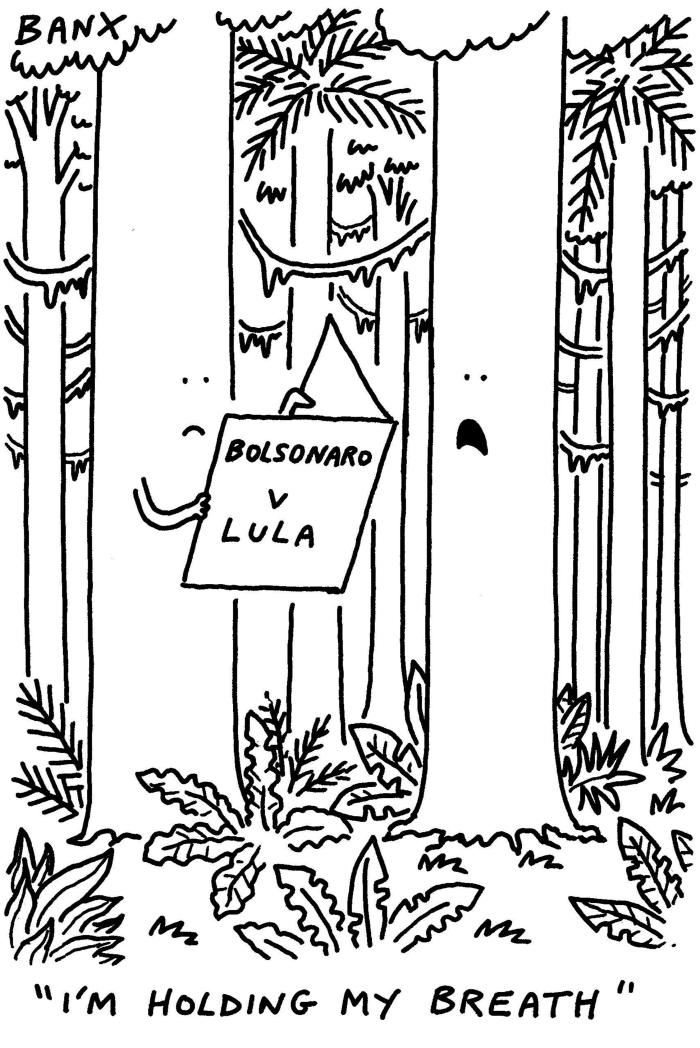 An illustration by Banx showing two trees with unhappy facial expressions in a forest. One of the trees is holding a newspaper with the words Bolsonaro vs Lula on it