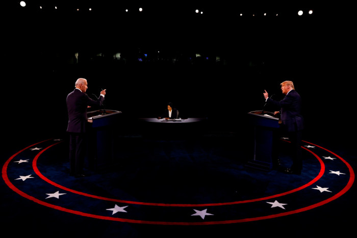 Joe Biden and Donald Trump participating in a presidential debate in 2020