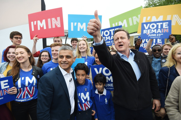 Sadiq Khan, mayor of London, campaigns with David Cameron, then prime minister, for a ‘Remain’ vote in the 2016 EU referendum