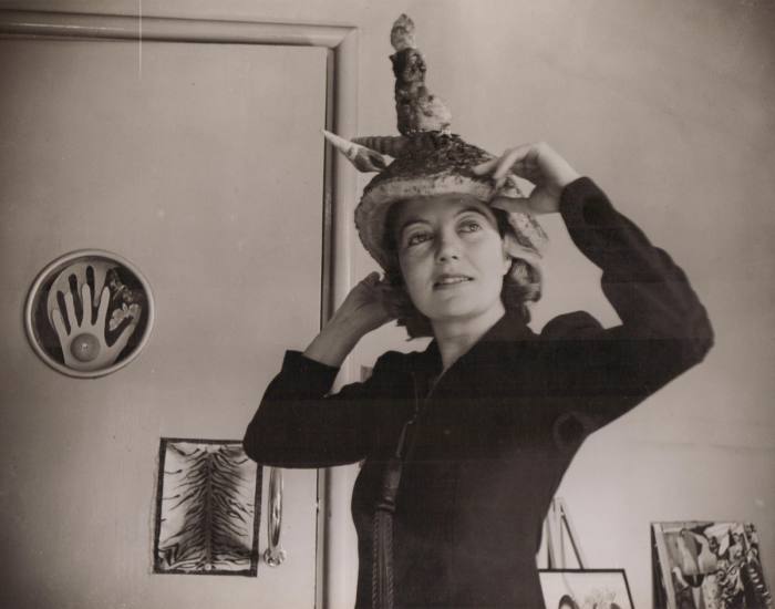 Agar wears her piece Ceremonial Hat for Eating Bouillabaisse, 1936