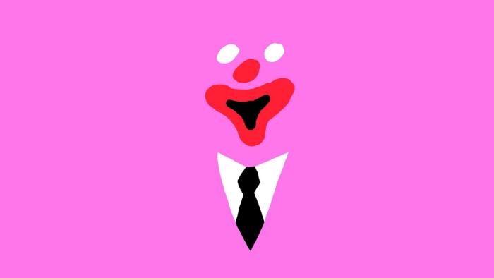 Illustration of a red clown shaped mouth, nose and eyes with a black tie on a white shirt underneath it - all drawn on a neon pink background