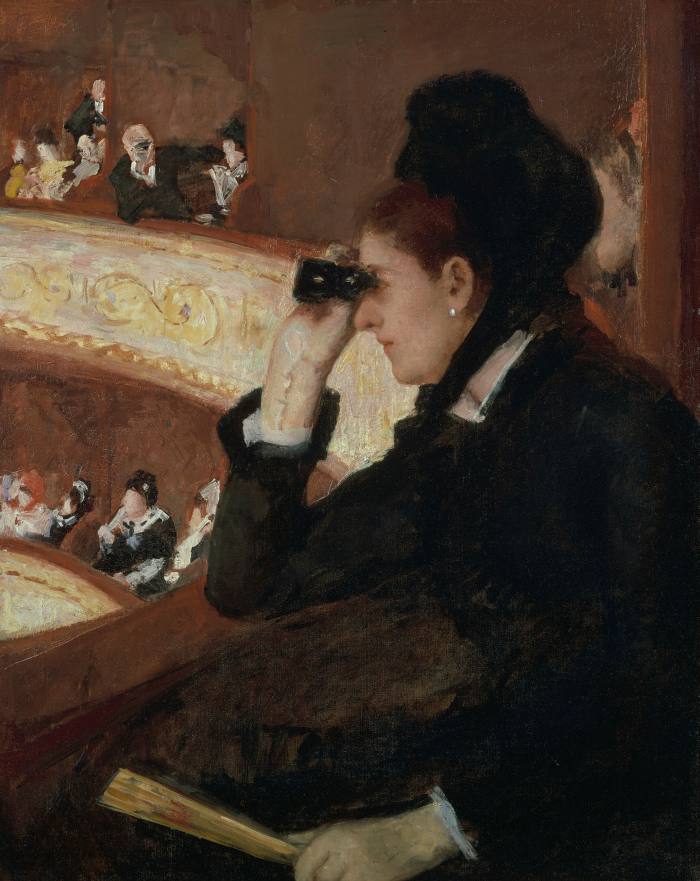 An oil painting of a smartly-dressed woman peering through binoculars