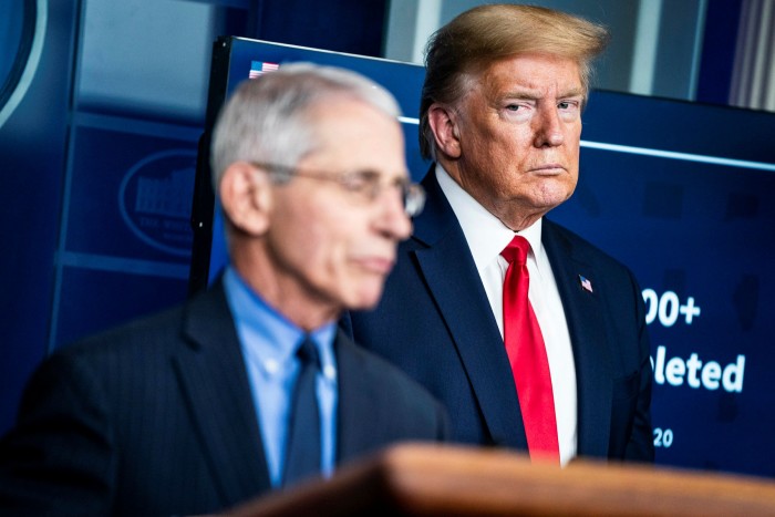 Fauci with Donald Trump at the White House in April. He says he has not seen the president in person since early June