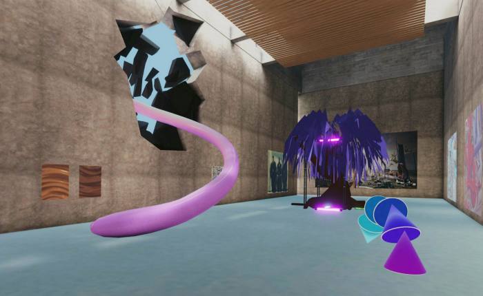 Blue and pink and purple digital cones and snakes and trees in a virtual stone hall