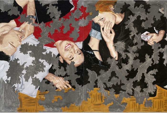 Acrylic painting of three people who appear to be sleeping under grey leaves