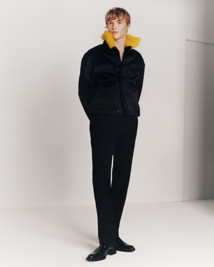 Louis Vuitton satin and shearling military jacket, £2,897, and wool trousers, £267. Ami leather Chelsea boots, £380. Model, Kerkko Sariola at Premium. Casting, Mathilde Curel for Julia Lange Casting. Hair, Rimi Ura at Walter Schupfer Management. Grooming, Marianne Agb. Photographer’s assistant, Etienne Oliveau. Stylist’s assistant, Thalia Duran