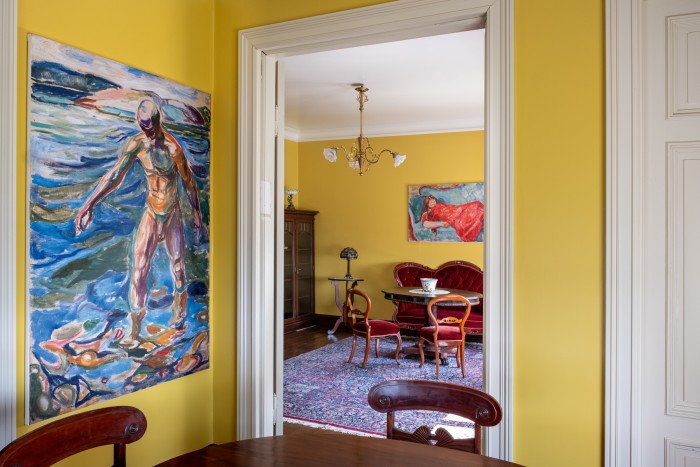Bathing Man, 1915, hangs in the hall which is painted Munch’s own blend of lemon-yellow into the dining room. All interior artworks are reproductions