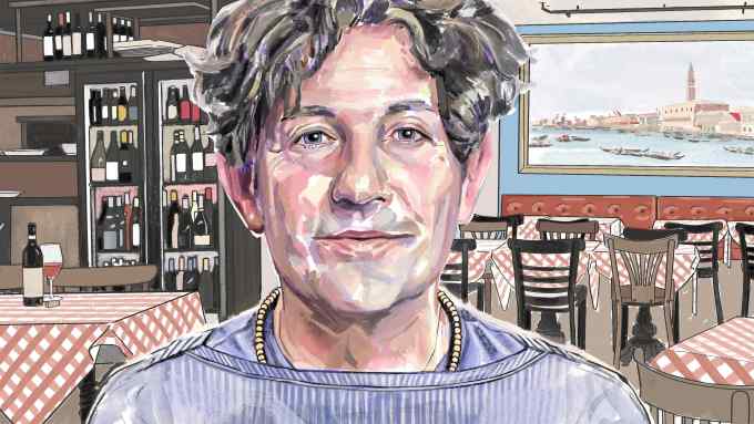 A watercolour portrait of Jonathan Glazer seated in a restaurant