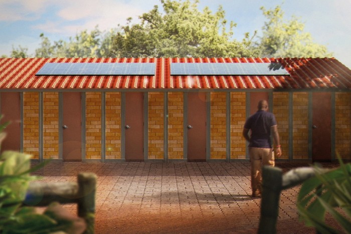 CGI image of a man walking towards a brick building with multiple doors and solar panels on the roof