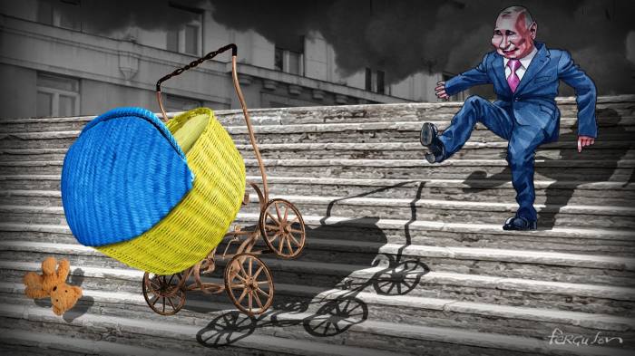 An illustration of Russian President Vladimir Putin kicking a pram in the colours of Ukraine down the stairs  