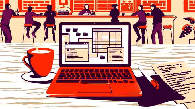 Illustration of a laptop and cup of coffee in the foreground with a background of people sitting at individual work stations