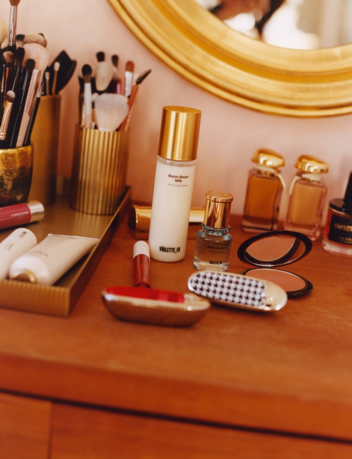 Violette_FR Boum-Boum Milk and Guerlain Rouge G lipstick on Serrat’s dressing table