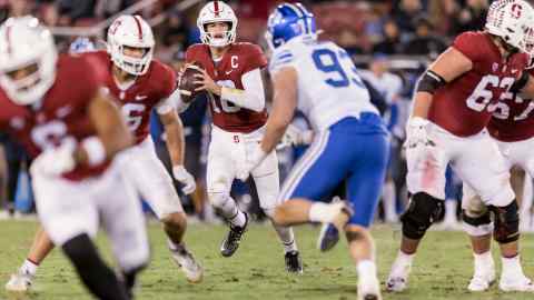 Quarterback Tanner McKee attempts a pass during a college football game between Stanford Cardinal and the BYU Cougars in Palo Alto, California