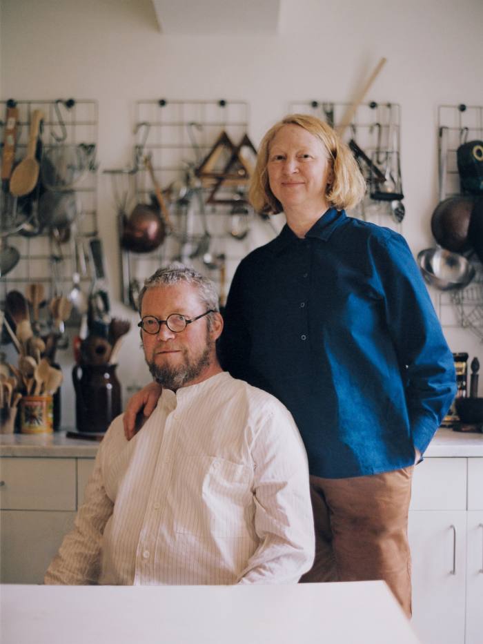 Fergus Henderson wears MHL. by Margaret Howell cotton linen shirt, £185. Glasses, his own. Margot Henderson wears MHL. by Margaret Howell cotton poplin shirt, £225, and cotton drill trousers, £335