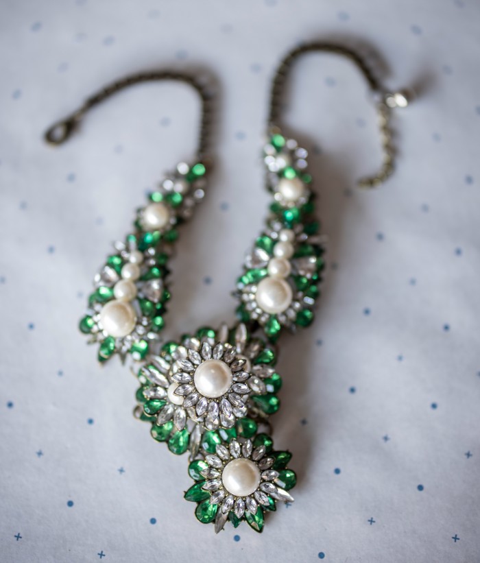 Imitation pearls adorn a costume jewellery necklace