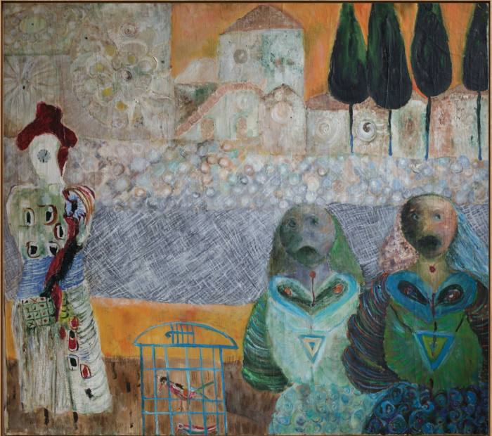Oil painting of two people and a jester(?) in front of a town