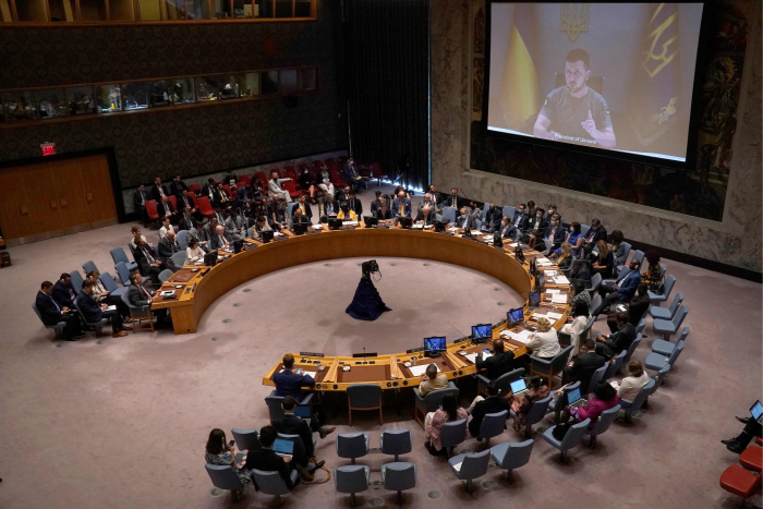 Ukrainian President Volodymyr Zelenskyy appears on screen to address the UN Security Council meeting on the maintenance of peace and security of Ukraine last month in New York