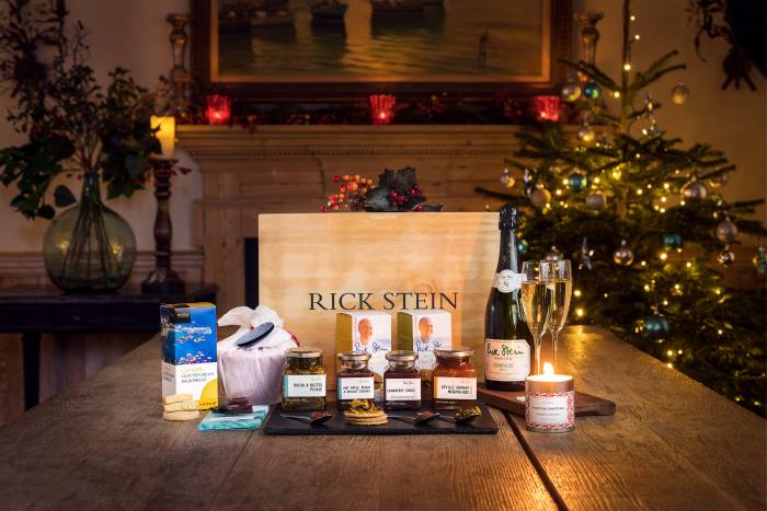 Alongside champagne, chutneys and chocolate, Rick Stein’s hamper includes “bread-and-butter pickle” and a Jill Stein scented candle