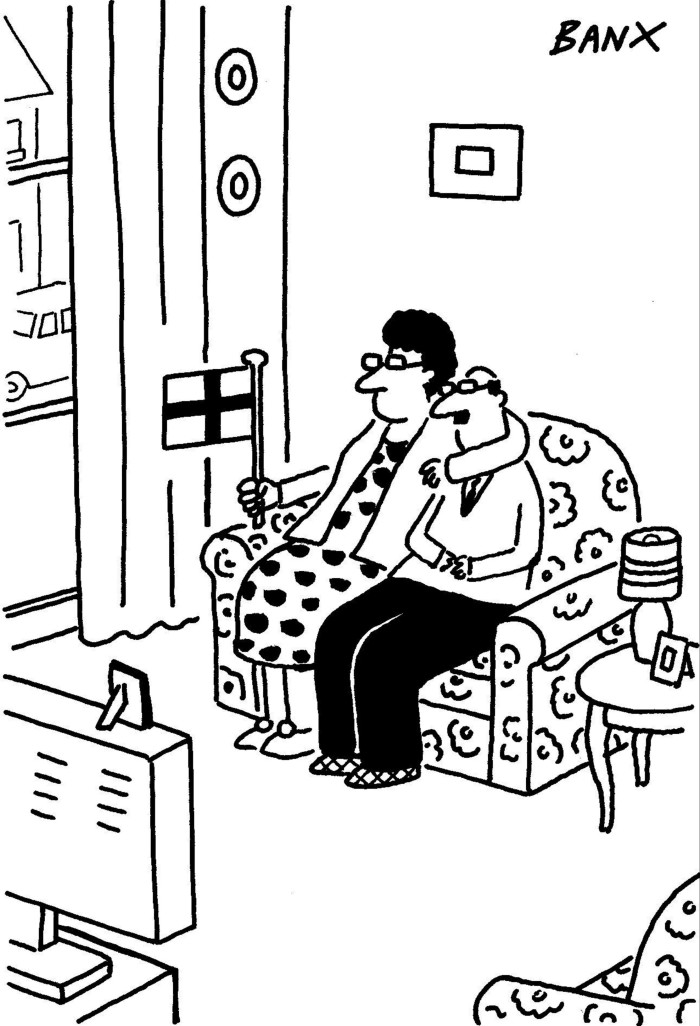 A Banx cartoon showing a couple in a living room, with one person holding the English flag