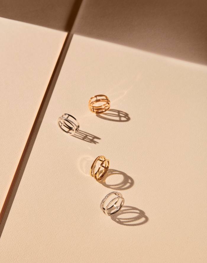 From top: De Beers gold and diamond Horizon ring, £3,650, white-gold and diamond Horizon ring, £3,650, and white-gold and diamond full-pavé Horizon ring, £6,200