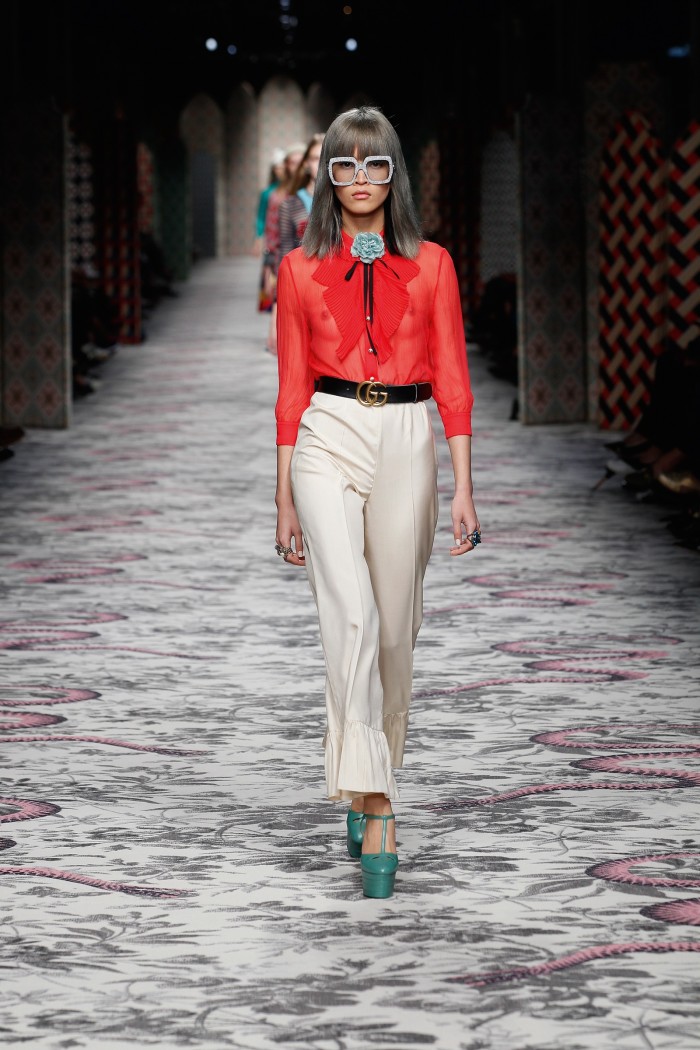 Chiffon-crepon shirt, £745, silk trousers, £600, leather shoes, £600, leather and brass belt, £270