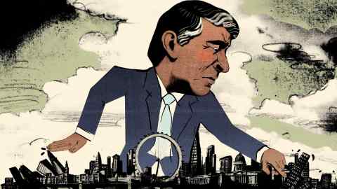 Ellie Foreman-Peck illustration of Rishi Sunak knocking things over with disdain in London