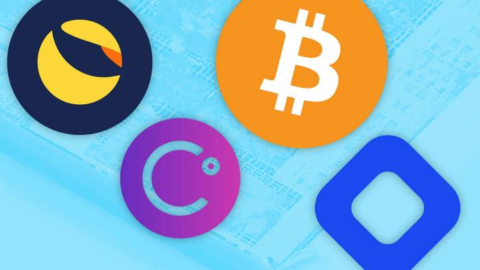 Logos for Terra Luna, Bitcoin, Blockfi and Celsius