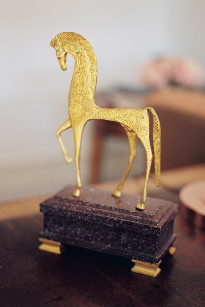 A bronze horse, part of her porphyry collection for Objets Uniques