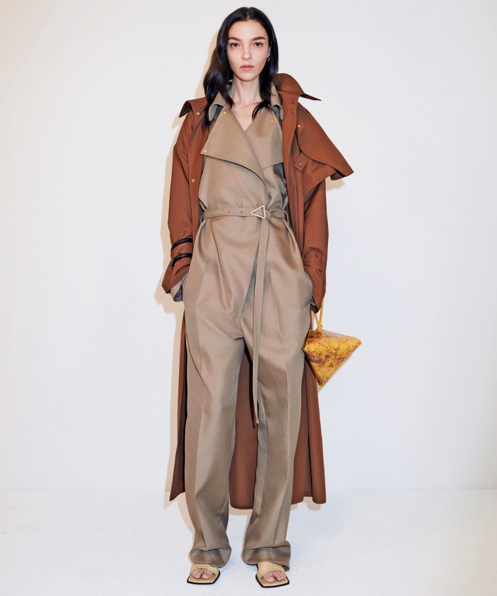 Bottega Veneta coat, £1,900, jumpsuit, £1,480, sandals, £475, and Pyramid bag, £1,600