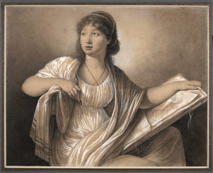 Drawing of a woman in a white dress looking away from the picture she is drawing
