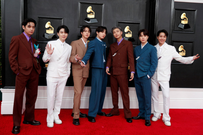 Members of BTS at the Grammy Awards in Las Vagas, Nevada, US in April 2022