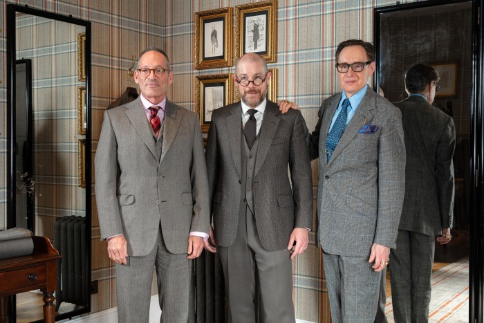 From left: Anthony Peck, Huntsman head cutter Dario Carnera and Nicholas Foulkes at the Savile Row tailor