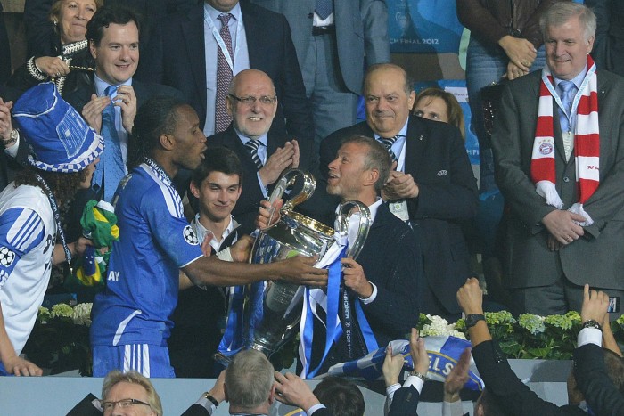 Chelsea’s Didier Drogba and club owner Roman Abramovich celebrate with the UEFA Champions League trophy in 2012 