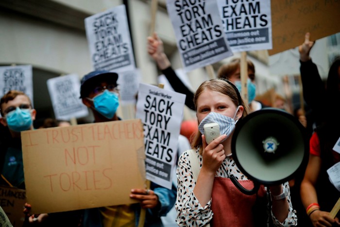Students protest in London last summer against the downgrading of A-level results. The government is eager to avoid a repeat of the exams fiasco