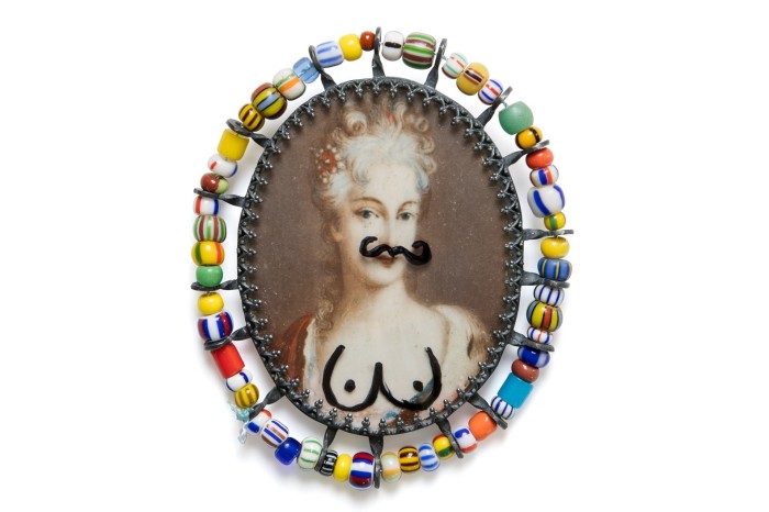 ‘Colonial Comeuppance’ brooch by South African Geraldine Fenn, whose centrepiece is a naughtily graffitied portrait miniature