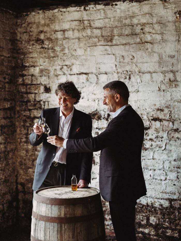 Ardbeg head of whisky Bill Lumsden (left) and Glenmorangie Co CEO Thomas Moradpour taste Ardbeg Cask No 3