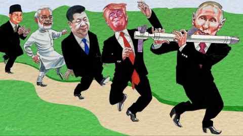 James Ferguson illustration of world leaders on a towpath surrounded by green pastures, Putin with missile pipe, Trump, Xi, Modi and Prabowa dancing behind.