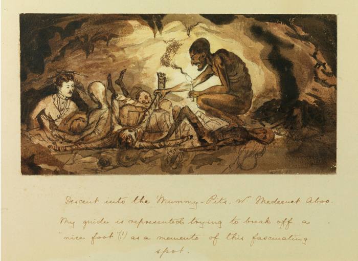 Amateurish drawing of a man trying to break the foot off a mummy while in a tomb