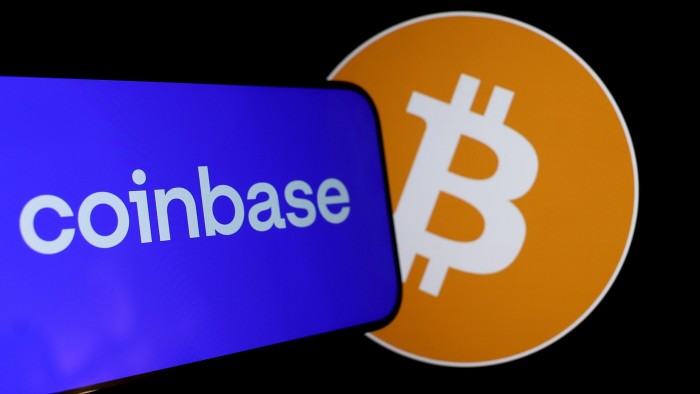Illustration showing Coinbase and bitcoin logos