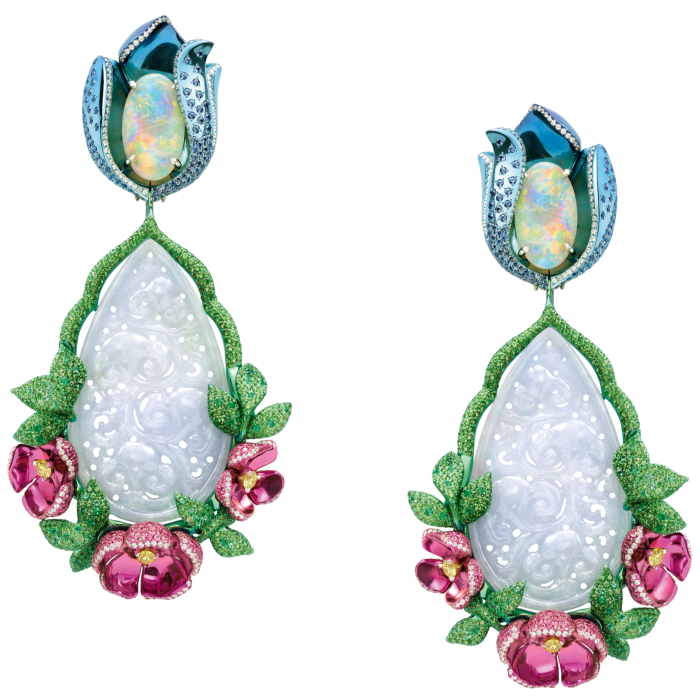 Chopard lavender-jadeite, white- and yellow-diamond, ruby, emerald, opal, tsavorite and blue- and pink-sapphire Red Carpet Collection earrings