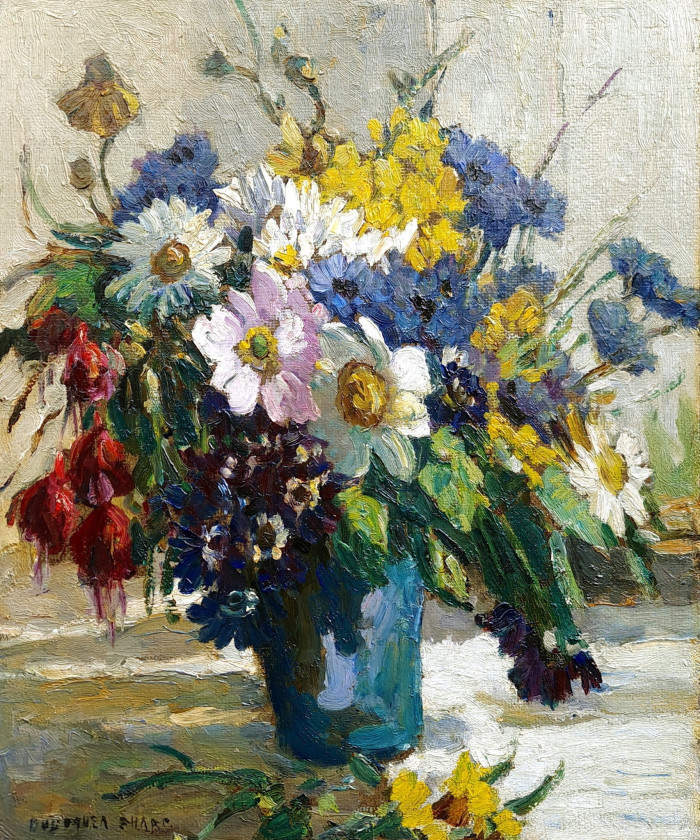 In a painting, a vase overflows with wide daisies and yellow, purple, red and pink flowers in a sun-lit room.