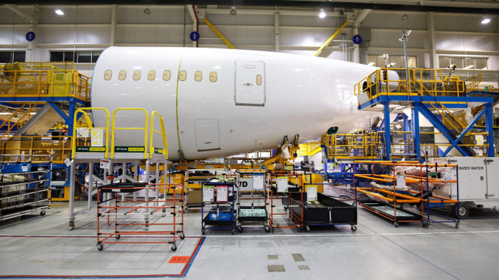 A Boeing 787 Dreamliner under production at the company’s manufacturing facility in North Charleston, South Carolina